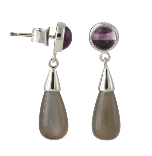 Silberohrstecker mit Amethyst 6mm, grauer Mondstein 13x7mm