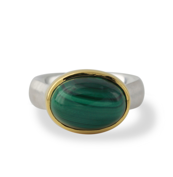 Silberring "Icur" mit 14x10mm Malachit, 18ct vergoldet