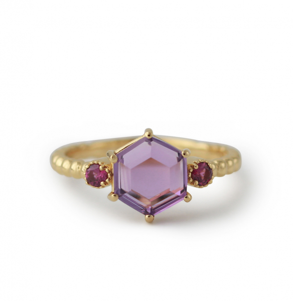 Silberring vergoldet mit Amethyst und Rhodolith