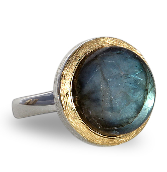 Silberring "Flat round small" teilvergoldet mit Labradorit