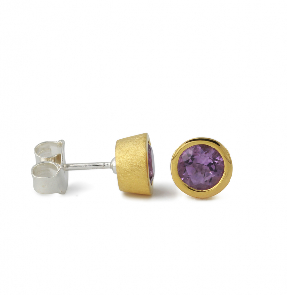 Vergoldeter Silberohrstecker rund Amethyst