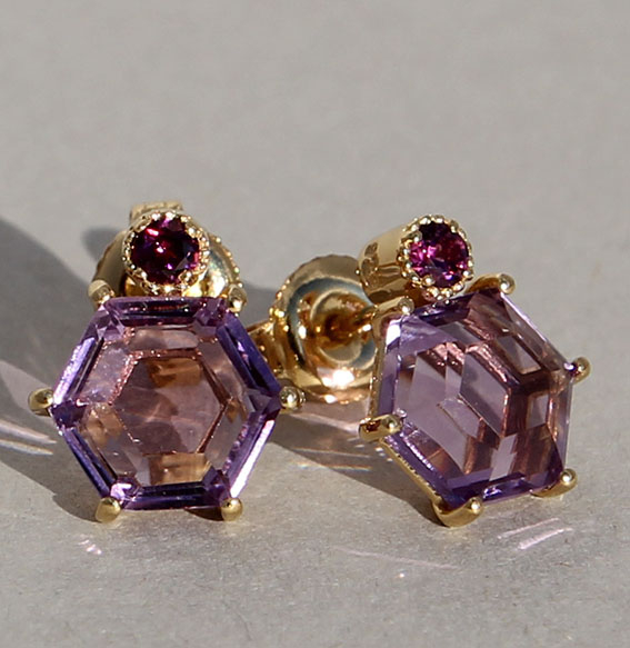 Silberohrstecker vergoldet mit Amethyst und Rhodolith