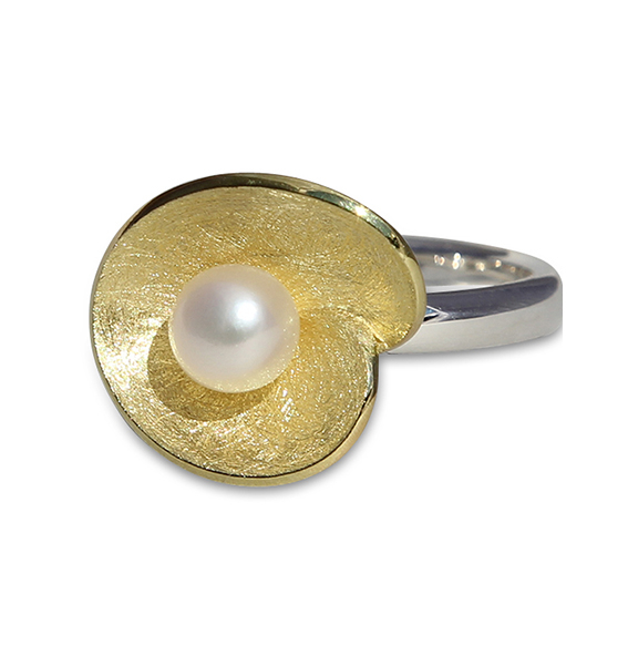 Silberring vergoldet mit SWZ Perle | Lotus leaf